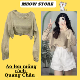 (CHÍNH CHỦ ) Áo len mỏng rách croptop tay dài màu nâu vintage quảng châu siêu xinh