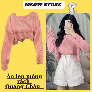 (CHÍNH CHỦ ) Áo len mỏng croptop rách tua rua màu hồng len Quảng Châu