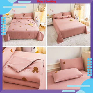 Bộ ga gối cotton nhập khẩu thêu gấu, set 5 món cotton chăn trần gấu cute dễ thương mềm mại thấm hút mồ hôi