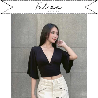 Áo thun Croptop nữ dáng ôm cổ V cánh tiên cá tính chất thun cotton – Feliza Clothing