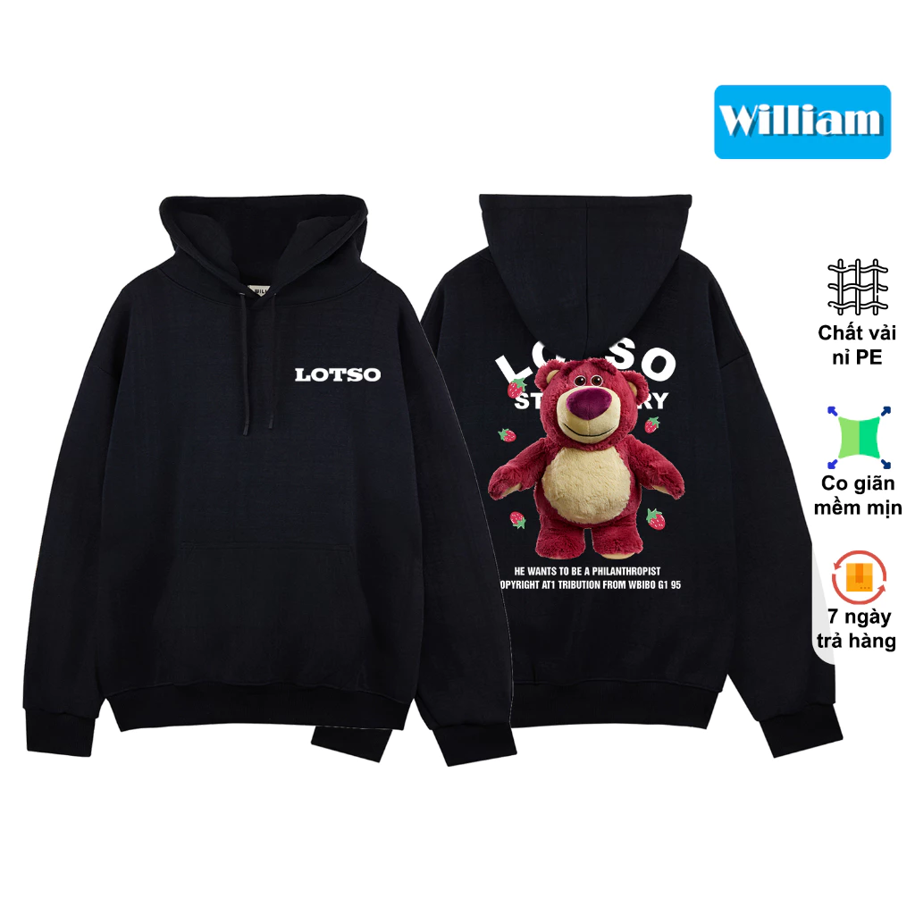 Áo hoodie nỉ bông dày dặn in hình 2 mặt gấu Dâu dễ thương, trendy phù hợp làm áo đôi William - DS260