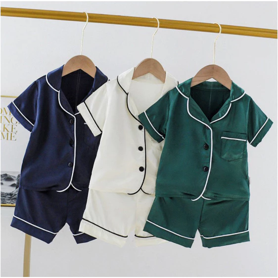 Bộ Pijama Cộc Tay Lụa Trơn Cho Bé Trai, Bé Gái, Bộ Ngủ Mặc Nhà Đùi Chất Lụa Satin Cao Cấp Cực Xinh Từ 8-28kg - BE KOREA