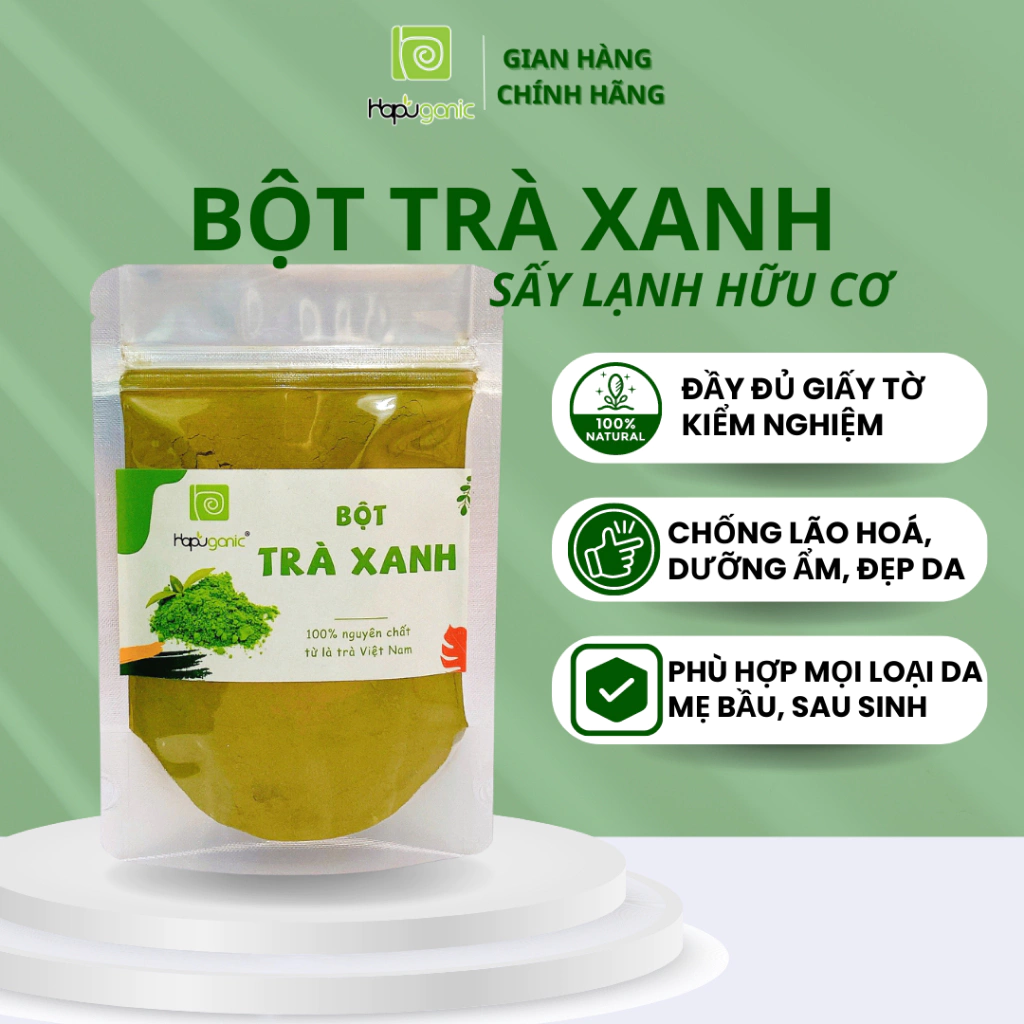 Bột Trà Xanh Việt Nam Nguyên Chất Hapu Organic dưỡng sáng da giảm mụn giảm nhờn