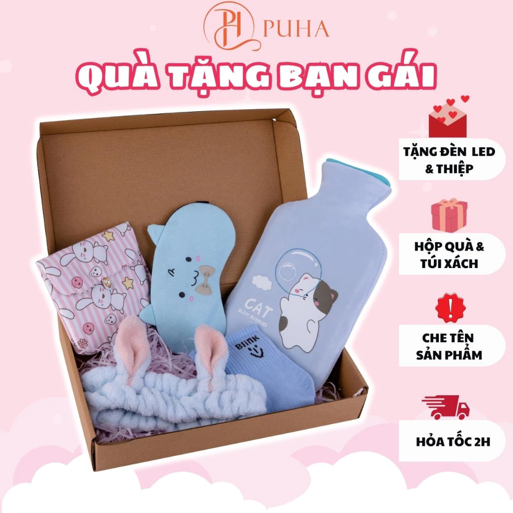 Quà sinh nhật, túi chườm nóng giảm đau bụng kinh PUHA 1000ml dễ thương, gift box ý nghĩa tặng người yêu ngày dâu