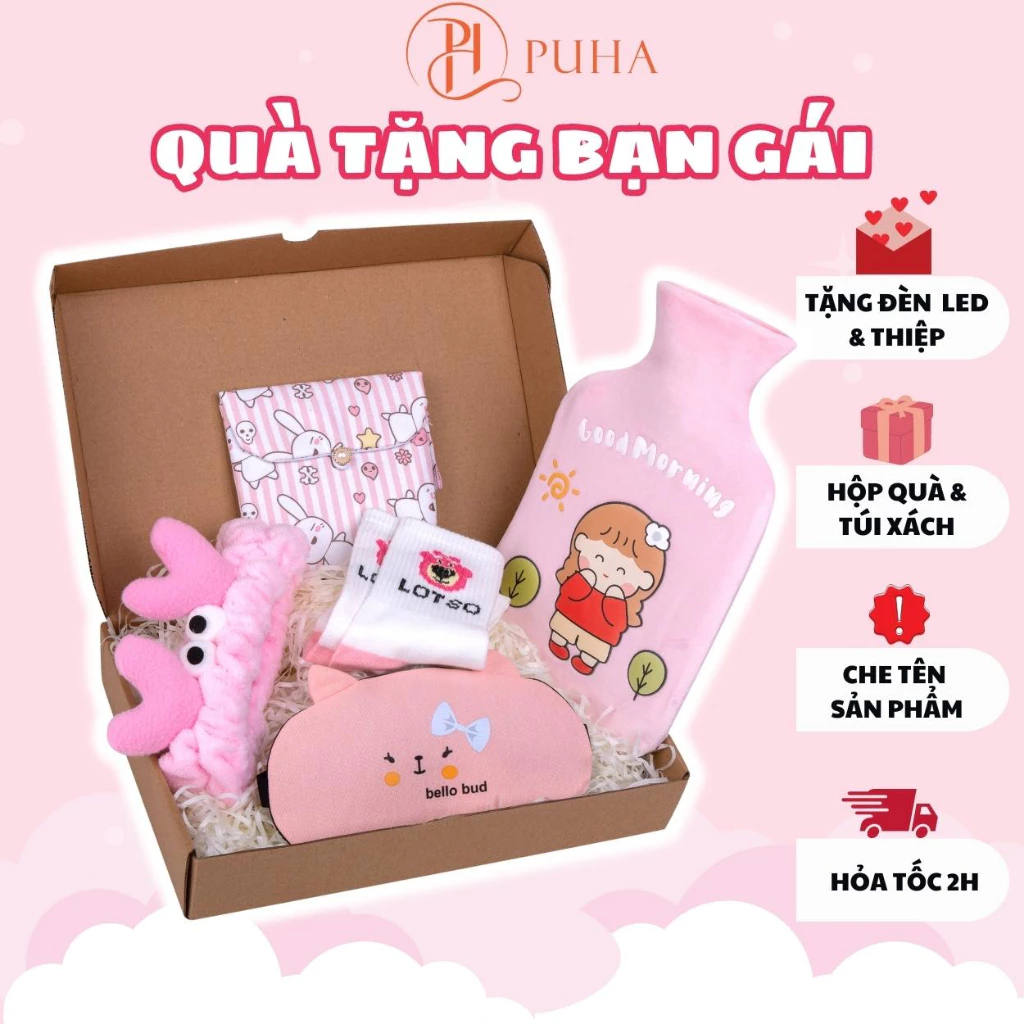 Combo quà sinh tặng bạn gái gồm, túi chườm nóng sưởi ấm bụng kinh PUHA 1000ml kèm phụ kiện cute