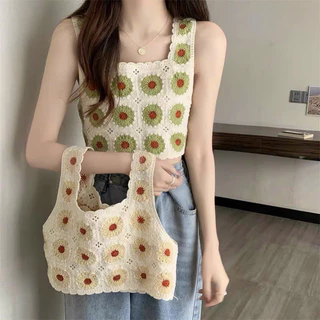 Áo len dệt croptop hai dây bản to phối hoa hàng quảng châu Mã A60