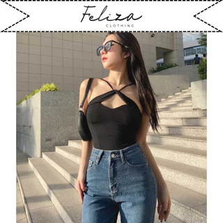 Áo Croptop nữ cổ yếm móc dây dáng ôm quyến rũ chất thun lụa mềm – Feliza Clothing