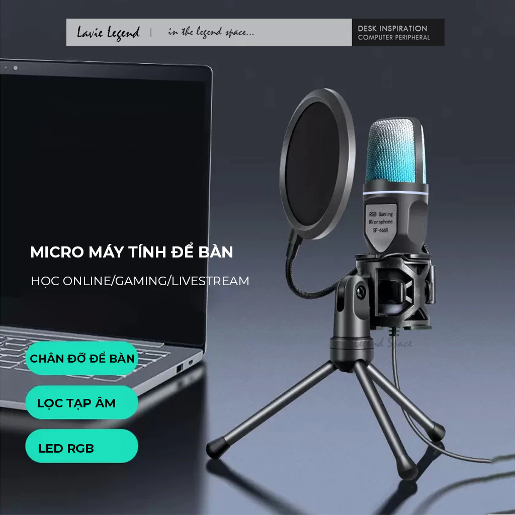 Micro USB Có Led RGB, Mic Livestream Thu Âm Kết Nối USB Có Màng Lọc Tiếng Ồn, Chân Đỡ 3 Chân Để Bàn