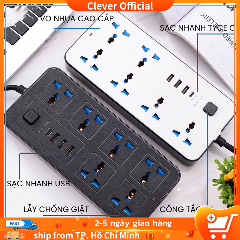 Ổ điện đa chức năng - ổ cắm điện chống giật, cổng TYPE C thế hệ mới và USB 5V sạc nhanh