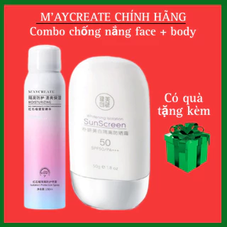 Combo Kem chống nắng face 50G và xịt body 180ML trắng da chính hãng Maycreat, nâng tone và dưỡng trắng da