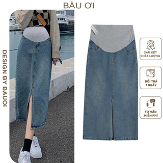 [BAUOII V262] CHÂN VÁY BẦU BÒ DÁNG SUÔNG DÀI XẺ TRƯỚC CÓ ĐÁP VÀ CHỈNH CHUN BỤNG - CHÂN VÁY JEANS DENIM ĐẸP TRẺ TRUNG FRE