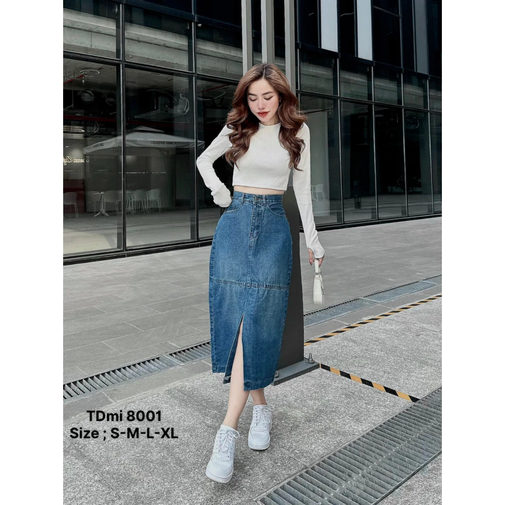 Chân váy jeans nữ dáng dài chử A dài xẻ trước siêu tôn dáng vải mềm xinh xắn