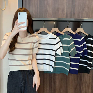 Áo thun dệt kim croptop nữ tay ngắn kiểu kẻ sọc cổ tròn len mongtoghi dáng ngắn phong cách Hàn Quốc trẻ trung