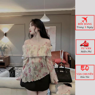 Áo trễ vai hoa nhí voan tơ nữ tay dài dáng ôm body tiểu thư bánh bèo ulzzang Hàn Quốc