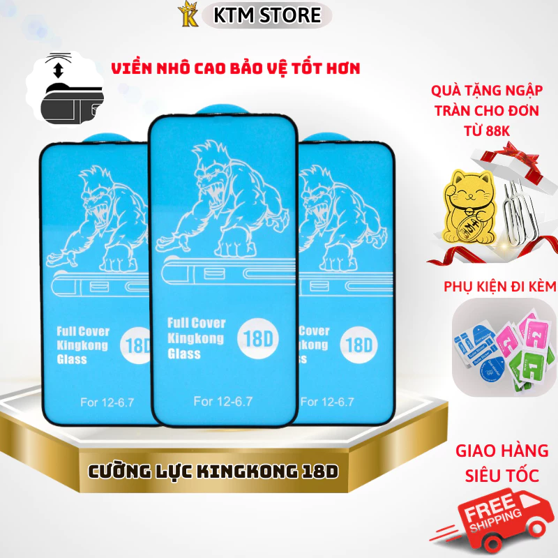 Kính cường lực iphone KingKong 18D KTMStore,viền dẻo chống mẻ, full màn 6s/7/8plus/x/xs/xsmax/11/12/13/14/pro/promax.