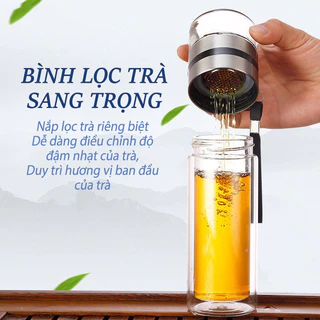 Bình Thủy Tinh Chịu Nhiệt Pha Trà 2 Lớp Cách Nhiệt Có Lõi Lọc Inox 304 Size To 470ml