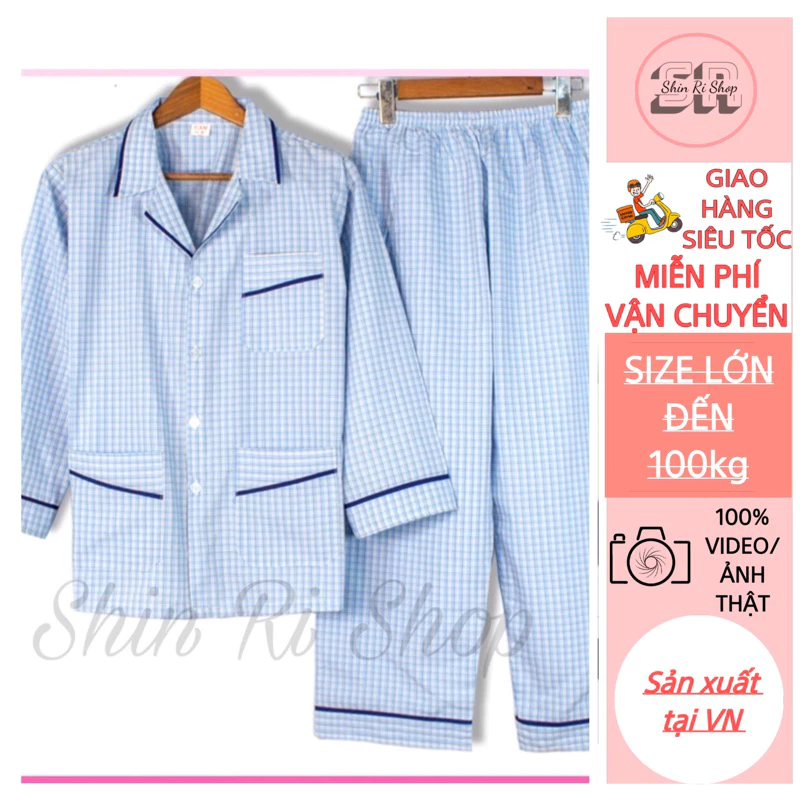 Bộ ngủ nam pijama trung niên kẻ sọc caro tay dài và tay ngắn chất vải kate mềm mát