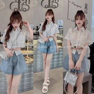 Áo sơ mi Croptop tay ngắn Lệch Tà ĐÁNG IU💕