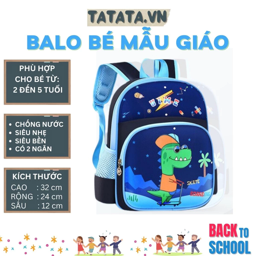Balo mẫu giáo, nhà trẻ cho BÉ TRAI và BÉ GÁI từ 2 đến 5 tuổi KHỦNG LONG XANH hàng loại 1 (tata)