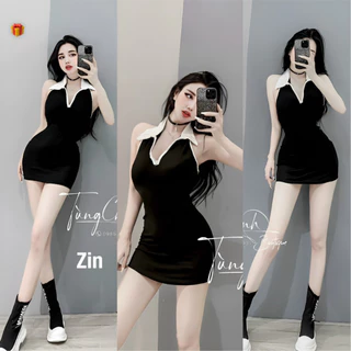 Đầm sát nách cổ bẻ trắng ôm body dáng ngắn hở lưng sexy , chất thun gân mềm mịn