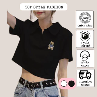 Áo croptop ngắn tay cổ tròn gài nút form polo siêu tôn dáng, áo kiểu nữ màu đen trắng in hình gấu nhỏ-A94