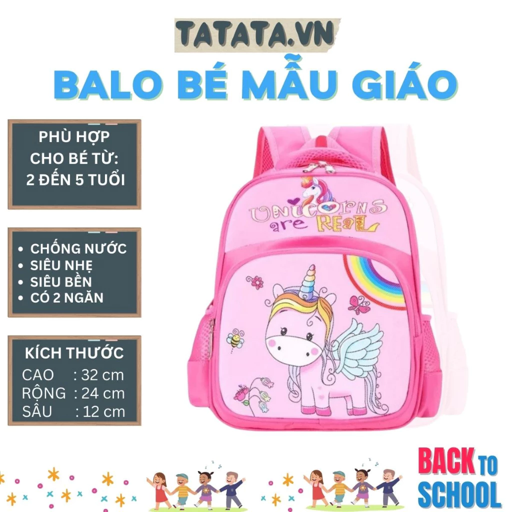 Balo mẫu giáo, nhà trẻ cho BÉ GÁI từ 2 đến 5 tuổi họa tiết NGỰA PONY HỒNG (tata)