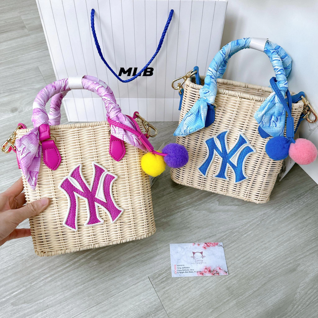 (CHÍNH HÃNG) Túi MLB đeo chéo chất liệu cói NY basic kèm dây thẻ Thời trang tiện lợi