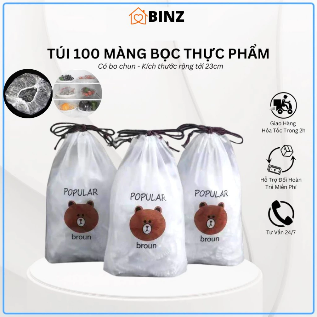 Bịch 100 Cái Màng Bọc Thực Phẩm Túi Gấu có chun co dãn túi nilon bọc đồ ăn tiện lợi bảo quản tươi mới - Binz