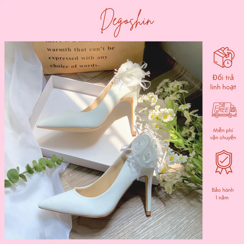 Giày cưới , giày cô dâu cao gót 9cm đính hoa ngay hậu tinh tế sang trọng Degoshin