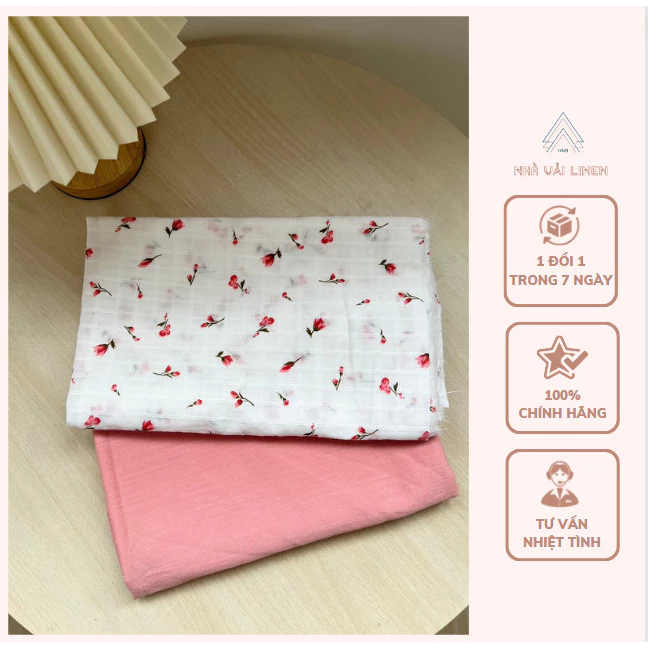 Vải Cotton Kẻ Ô Hoa Hồng - Đũi Xước Cam Đào Nhà Vải Linen