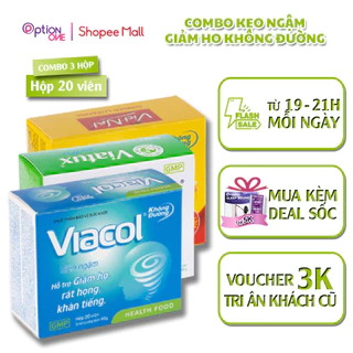 Combo 3 Hộp Không Đường Kẹo Ngậm Giảm Ho Đau Rát Họng Viacol 20 Viên - Vietnat Gừng 20 Viên - Viatux Extra 20 Viên