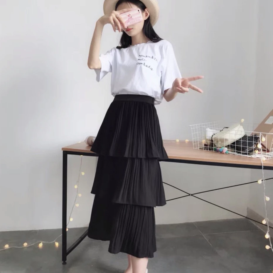 Chân váy xòe dập ly 3 tầng dáng dài, chân váy midi ulzzang cạp chun Hàn Quốc