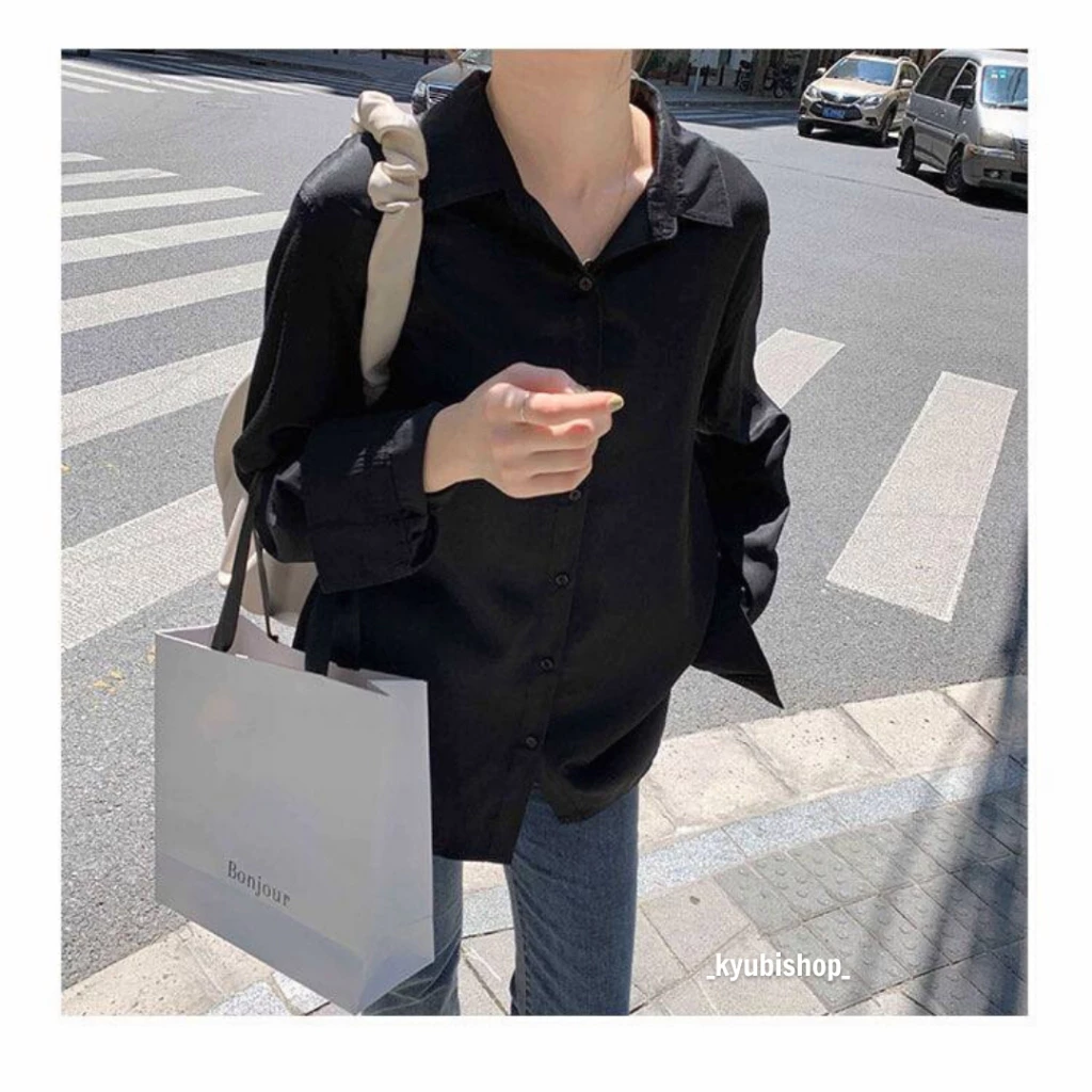 Áo Sơ Mi Đen Trơn Form Rộng Nam Nữ Unisex - Áo SOMI Ulzzang đi học sinh KYUBI HS023