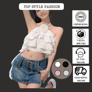 Áo croptop form ba lỗ thiết cổ yếm đính hoa hồng xếp ly tầng độc đáo, áo kiểu nữ vạt dài hai bên siêu tôn dáng-AXN14