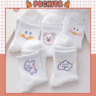 Tất Cổ Cao, Vớ Cao Cổ Nữ Trắng Họa Tiết Hoạt Hình Cute Đáng Yêu Phong Cách Hàn Quốc Vải Cotton Co Giãn Thời Trang