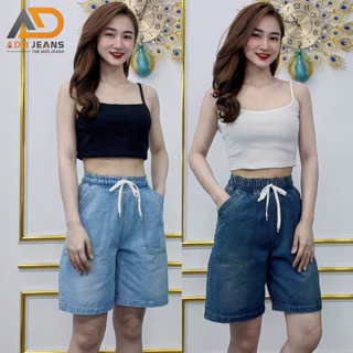 Quần short jean nữ ống rộng, quần ngố lững bò lưng chun  dây rút co giãn có bigsize (SJ111)