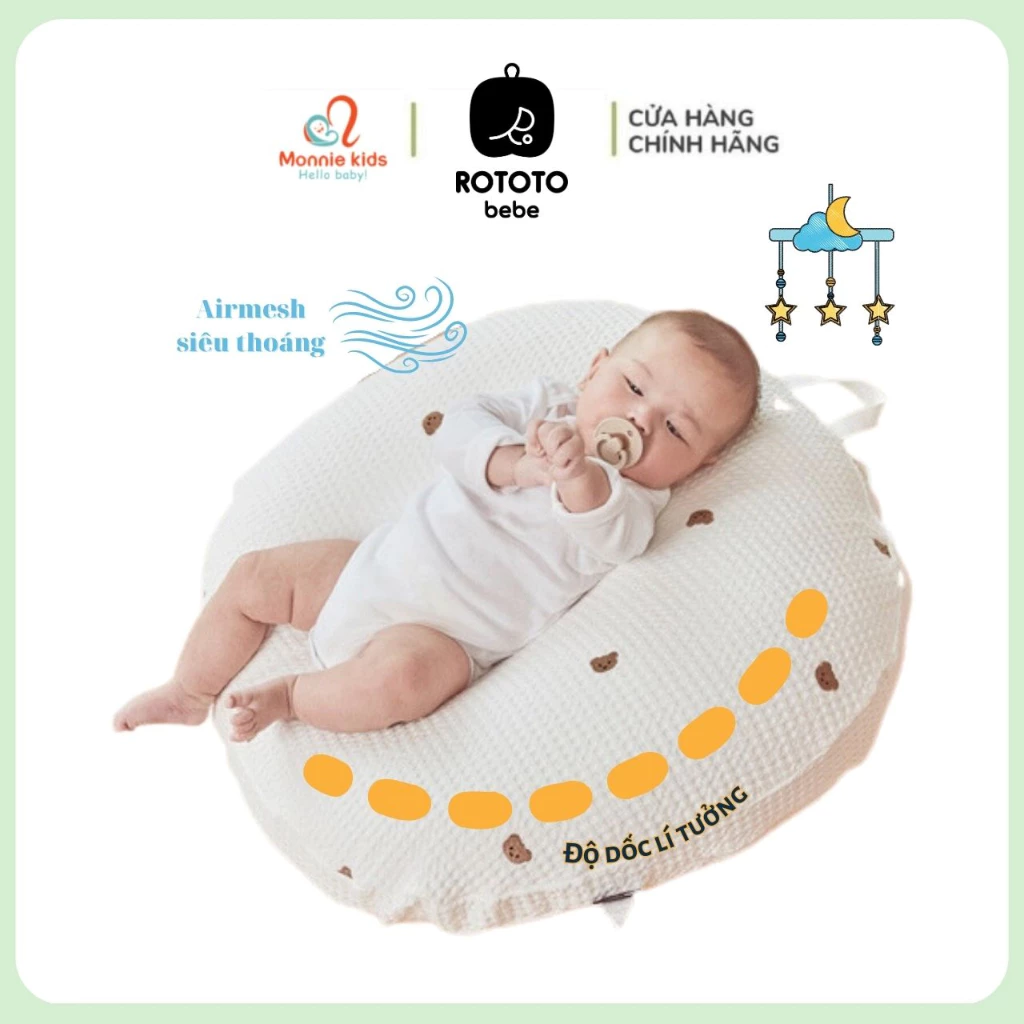 Gối chống trào ngược cho bé Rototo Bebe Airmesh, gối chống trào họa tiết cao cấp - Monnie Kids