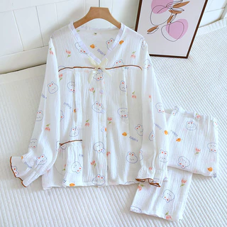 Pijama mặc bầu và sau sinh dài tay xô muslin cao cấp mẫu thỏ con