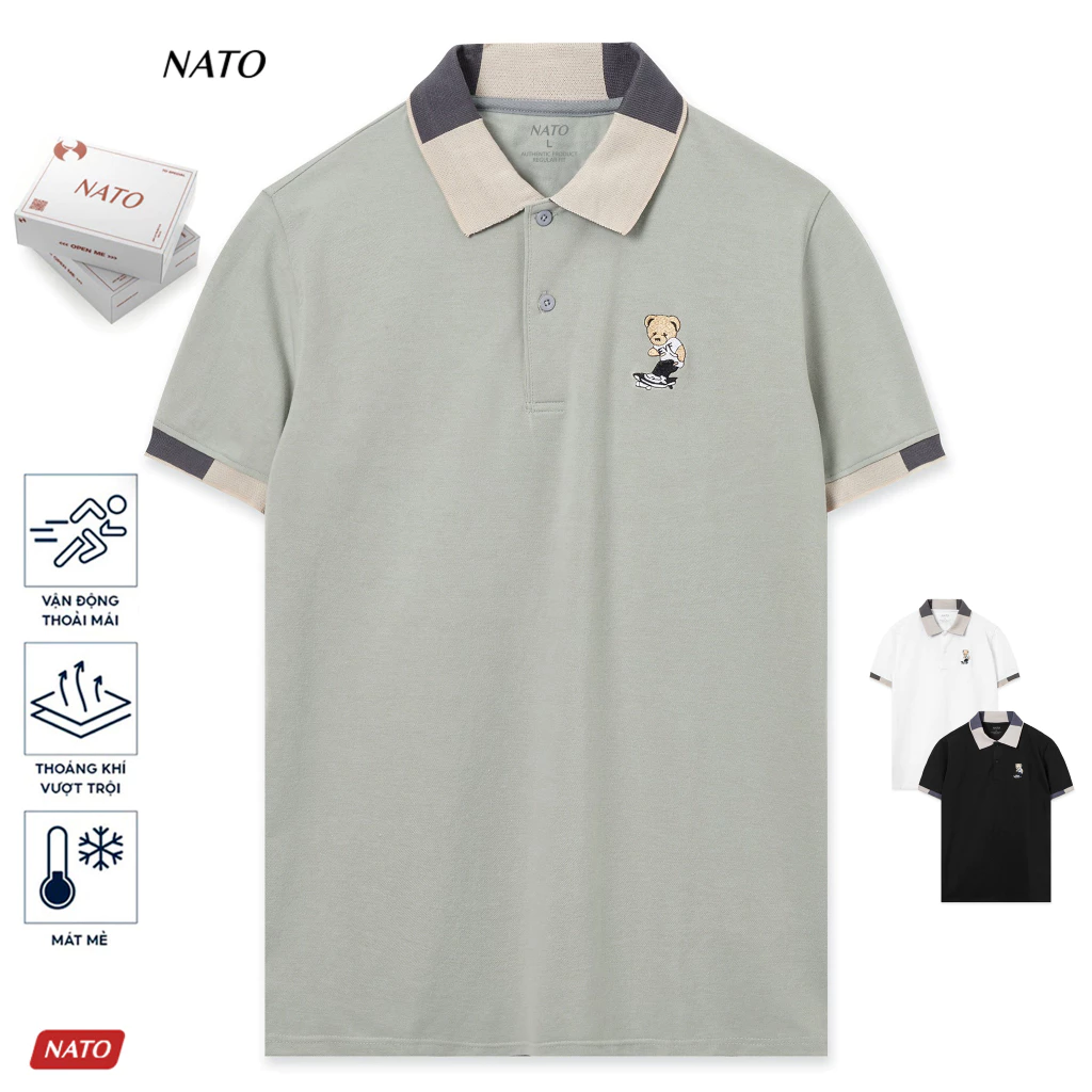 Áo Thun Polo Nam Nato Bear Tay Ngắn Màu Trắng Đen Xám Xanh Có Họa Tiết Vải Cotton Cá Sấu Cao Cấp