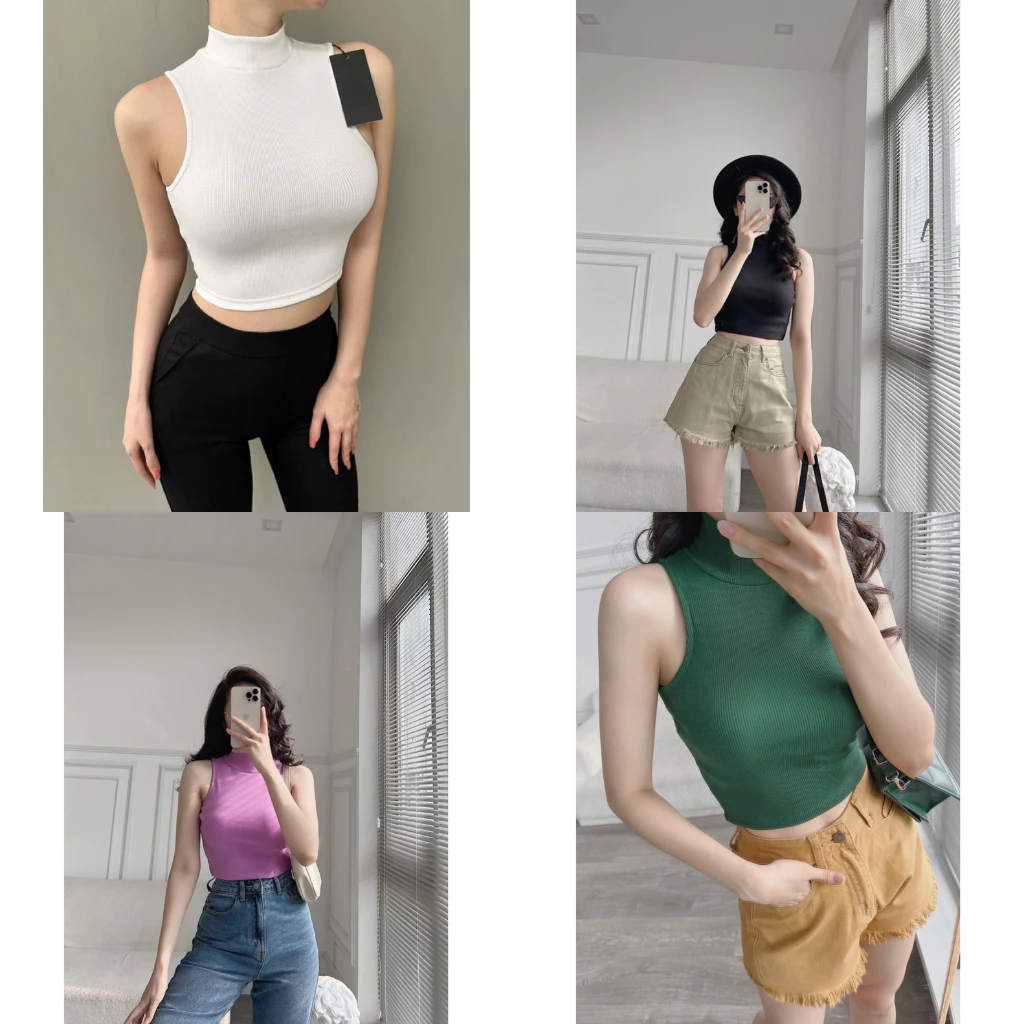 Áo Croptop Nữ Trơn Sát Nách Cổ Lọ Thun Bo Gân Co Giãn Form Basic Siêu Hot B5