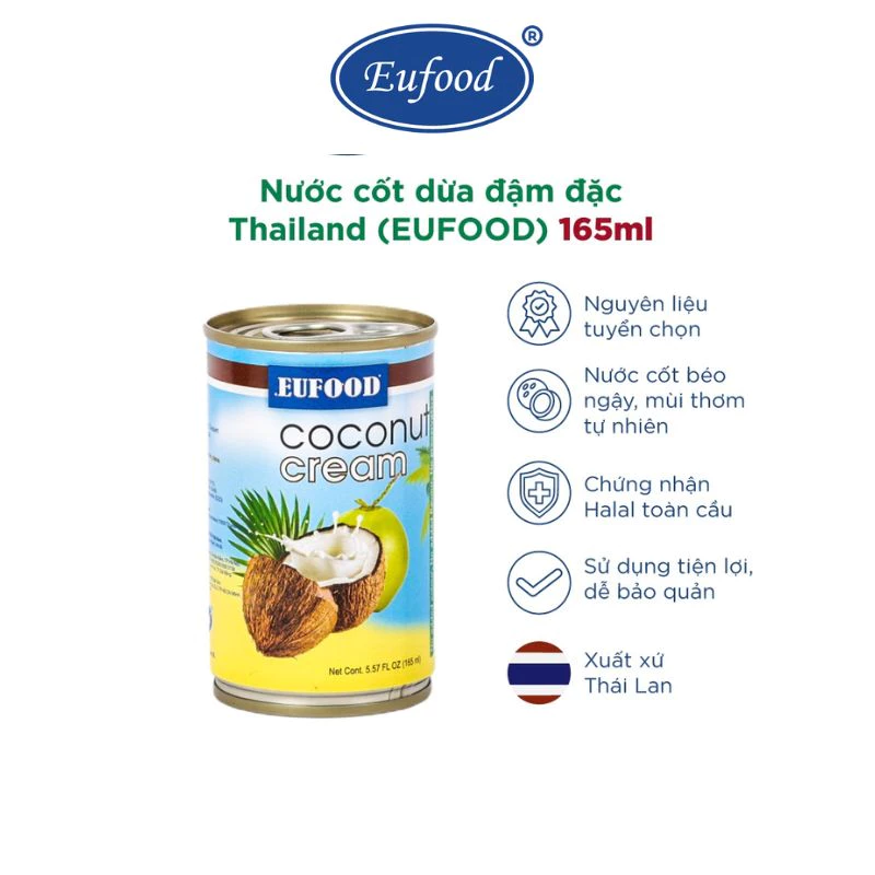 Nước cốt dừa đậm đặc Thailand EUFOOD  nấu cà ri, xôi, chè, sinh tố, làm kem, thạch, làm bánh, chế biến nước sốt