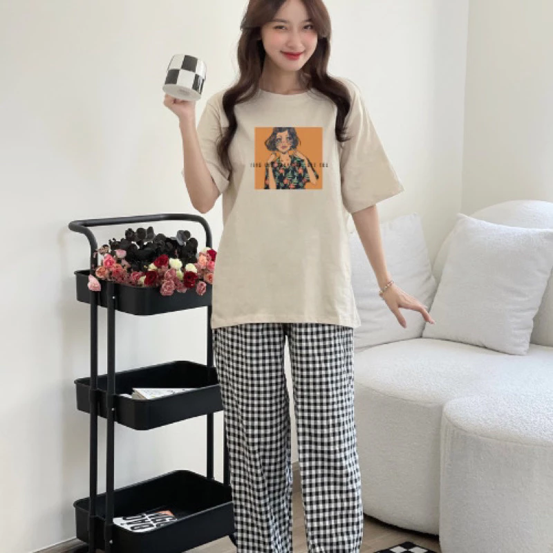 Sét đồ nữ quần kẻ caro áo thun cotton in hình, bộ đồ caro nữ trẻ trung