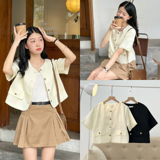 Áo sơ mi kiểu nữ, Áo sơ mi cổ tròn cộc tay chất vải gân style thanh lịch Ulzzang