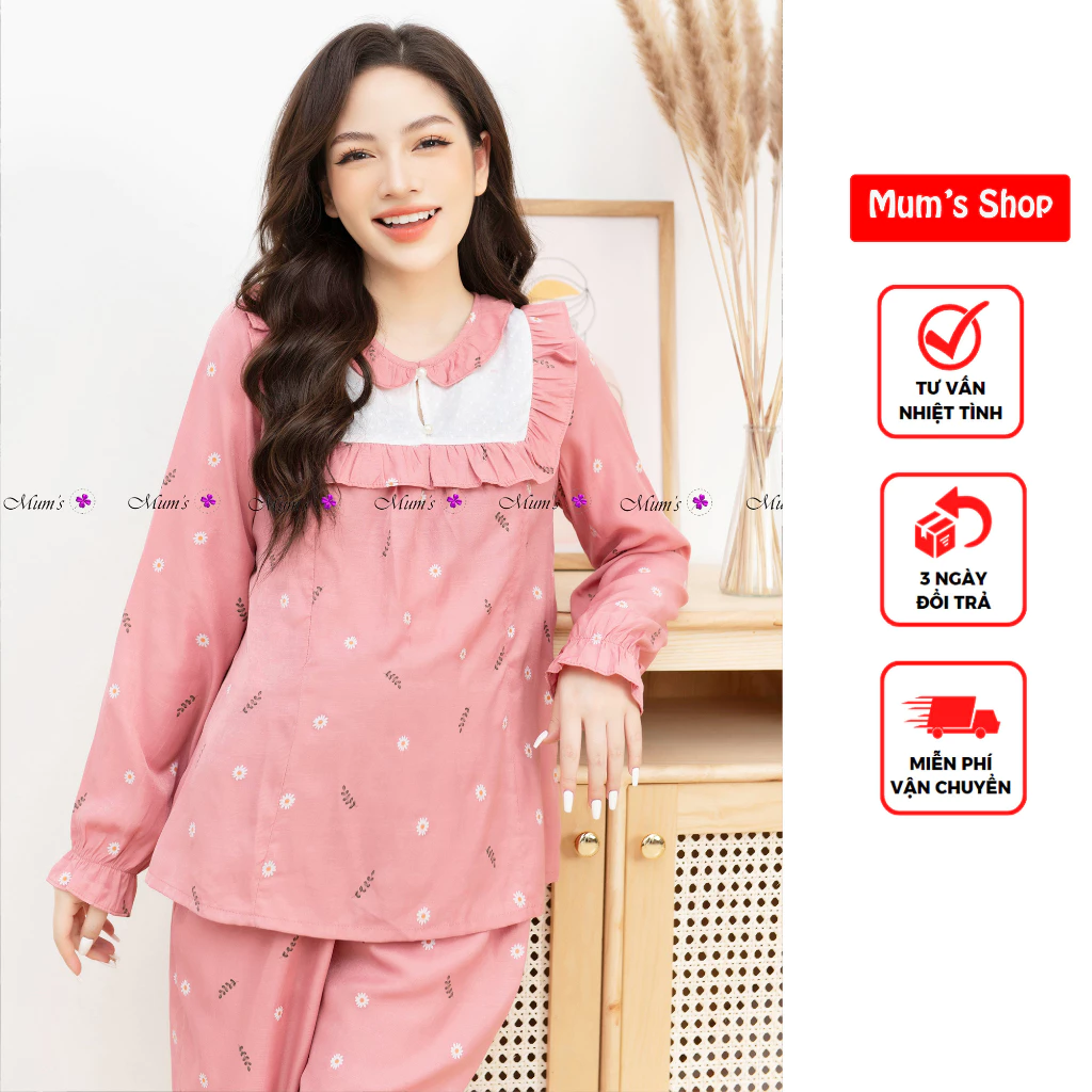 Bộ bầu và sau sinh Mum's shop  BSS082 Bộ đũi hồng hoa nhí dài tay cổ pha trắng