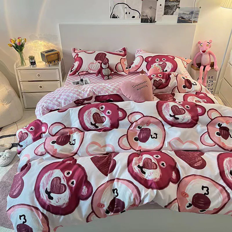 Bộ chăn Ga gối cotton poly Bo Decormẫu gấu dâu 4 món đủ kích thước