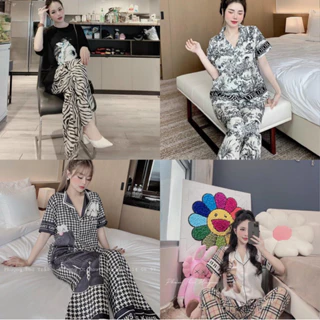 Bộ Pyjama Quần Dài Áo Cộc Họa Tiết Đáng Yêu Chất Lụa Xước Hàng Thiết Kế