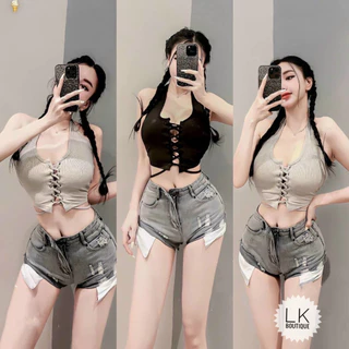 Áo yếm gân đan dây trước ngực kiểu dáng croptop cực sexy , chất thun gân mềm mát