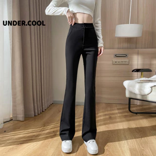 Quần ống loe UNDERCOOL lưng cạp cao cúc vải nữ dài suông loe culottes màu đen nâu