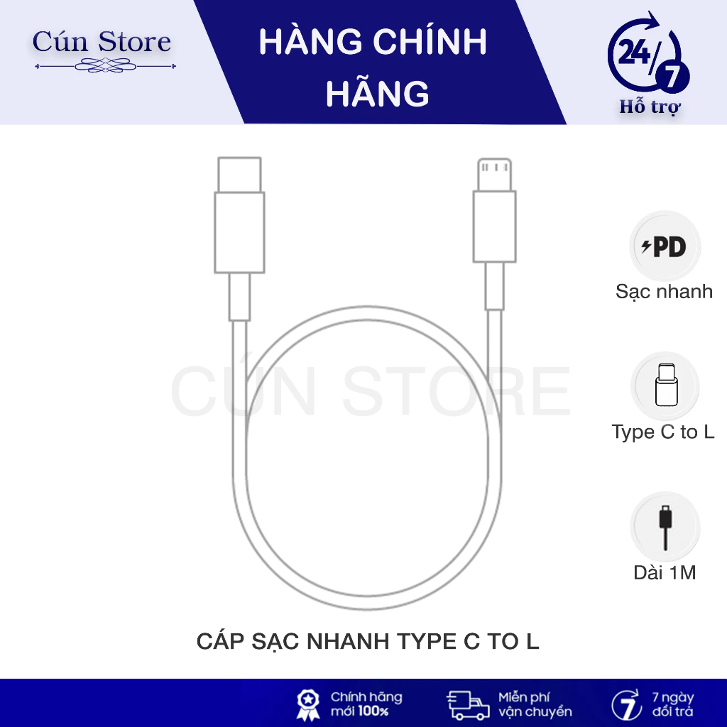 Cáp sạc nhanh Type C to L zin bóc máy, cáp sạc nhanh PD cho 12/13ProMax siêu bền | Bảo hành 12 tháng