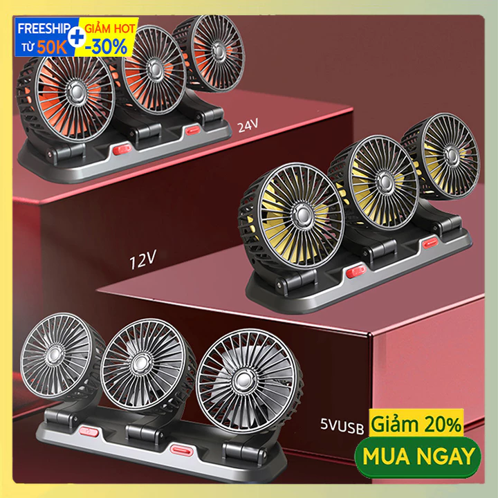 Quạt ô tô mini 10W ba đầu xoay 360 độ tiện ích trên xe hơi, bàn làm việc